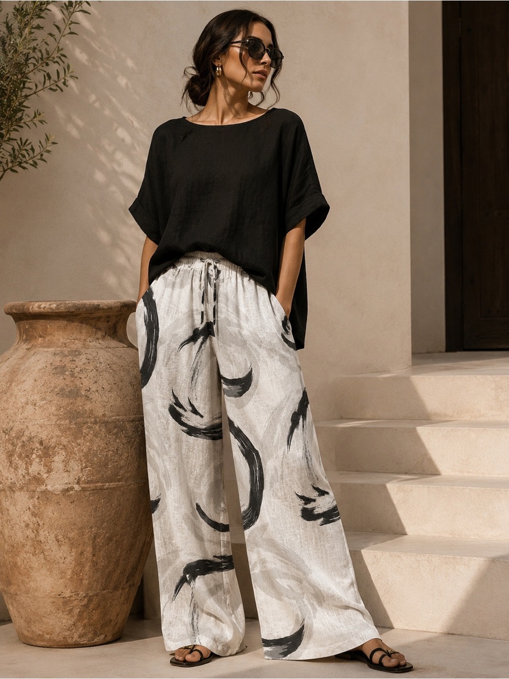 Made in Italy 100% linen Relaxed Black & White Wide-Leg Print Pants